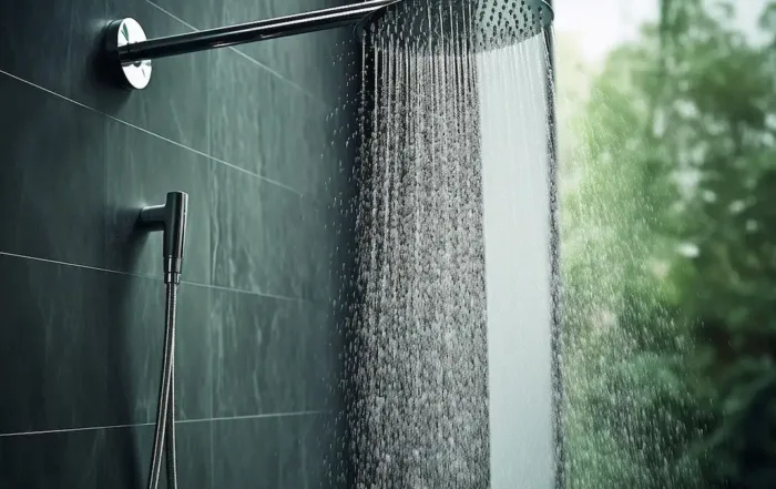 Modern rainfall shower with hot water system installed by Xceed Electrical for a stylish bathroom design
