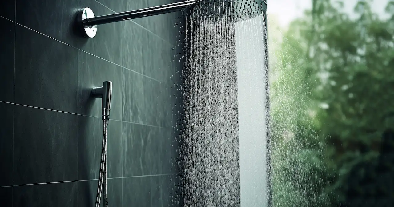 Modern rainfall shower with hot water system installed by Xceed Electrical for a stylish bathroom design
