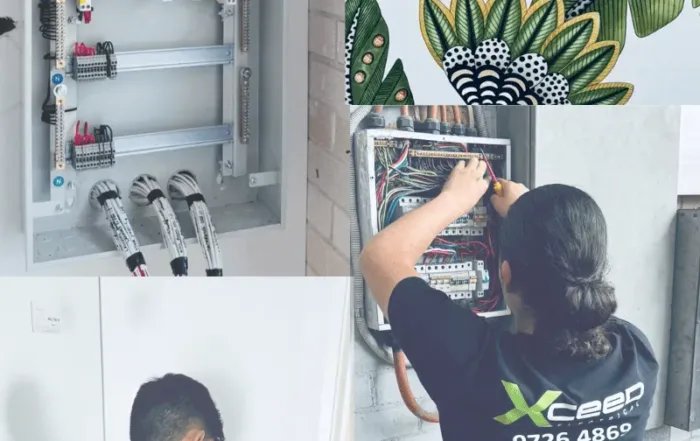Xceed Electrical team performing professional electrical installations and wiring work, showcasing switchboards and smart control systems