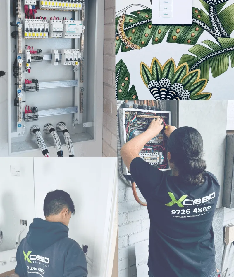 Xceed Electrical team performing professional electrical installations and wiring work, showcasing switchboards and smart control systems