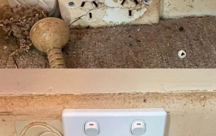 Licensed electrician installing a modern double power point with USB chargers in a Sydney home – safe, compliant power-point installation NSW & QLD