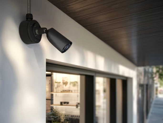 outdoor-spotlight-camera-installation Ajax outdoor spotlight camera mounted on a wall, showcasing Xceed Electrical’s smart security lighting and surveillance integration for residential properties.